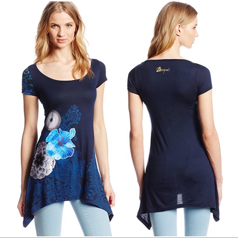 •DESIGUAL• Navy Alacant Mandala Appliqué Tunic Tee